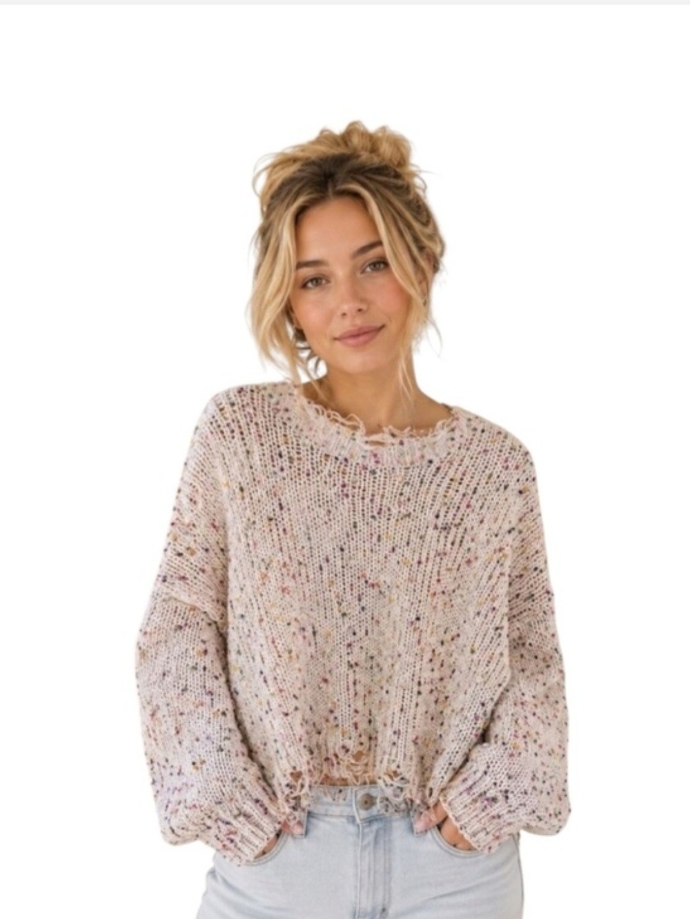 POL Women's Cream Confetti Knit Crewneck Sweater Distressed Hem Small Oversized